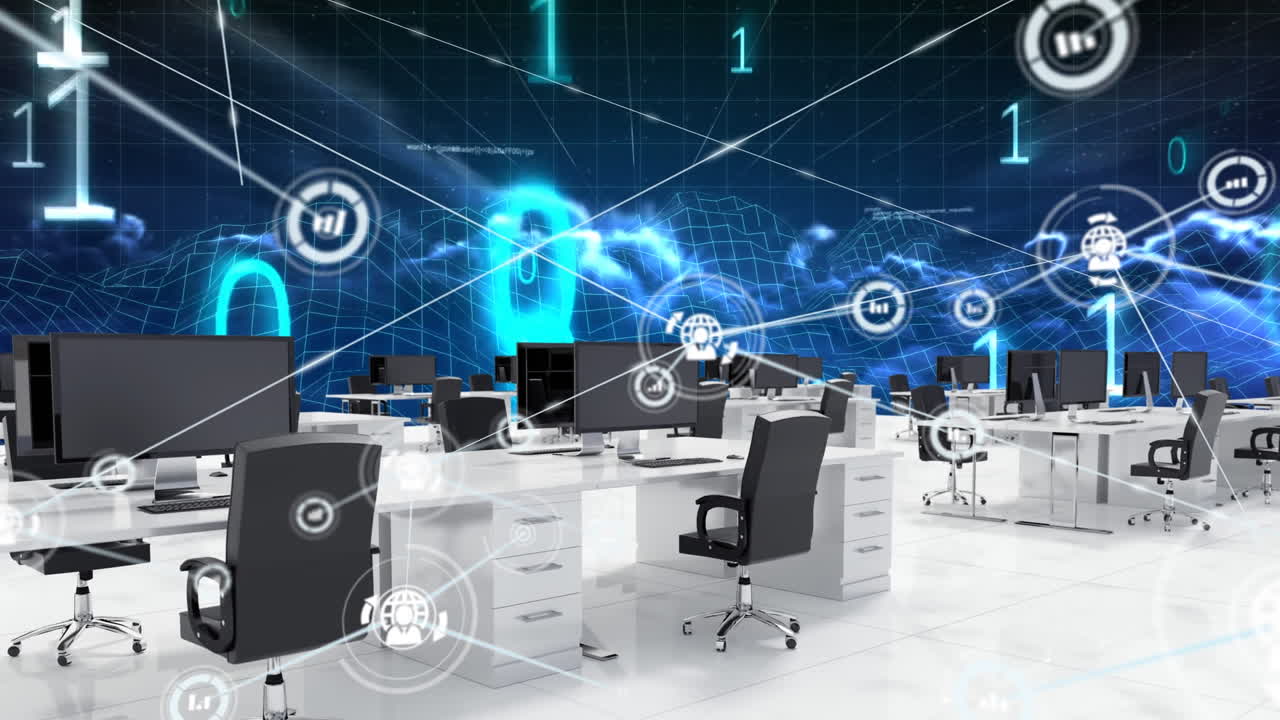 空のオフィスとバイナリーコーディング上のアイコンで接続のネットワークのアニメーション