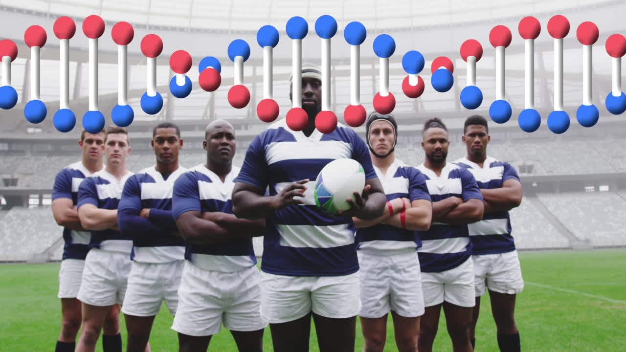 Animation of dna strand over male rugby players at stadium