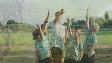 in school, children playing and reaching up on sports field with animation