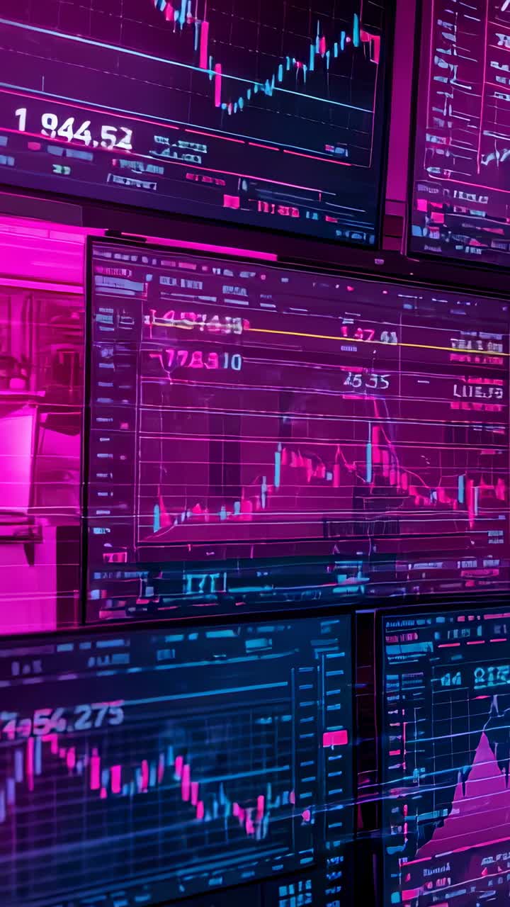 Vertical video: Camera tilting down revealing candlestick chart updating on trading office monitors