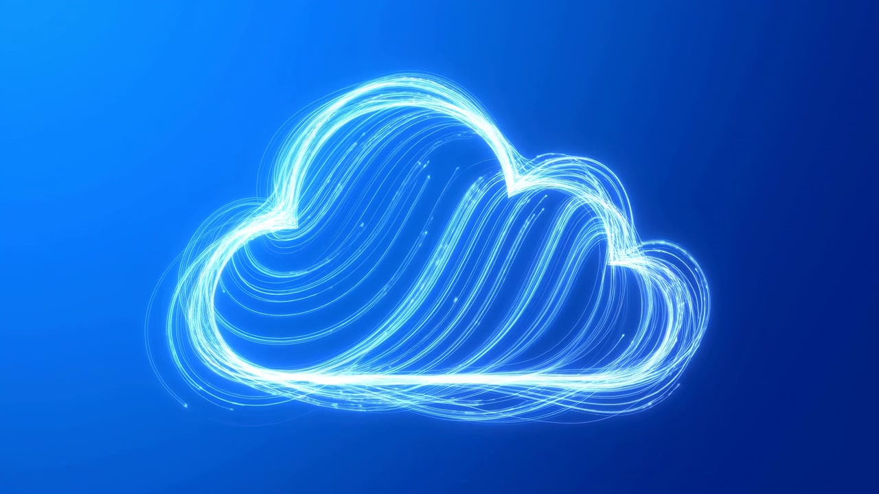Stylized cloud built from dense cyan light trails and filament strands, centered over smooth deep blue gradient with clean modern abstract look