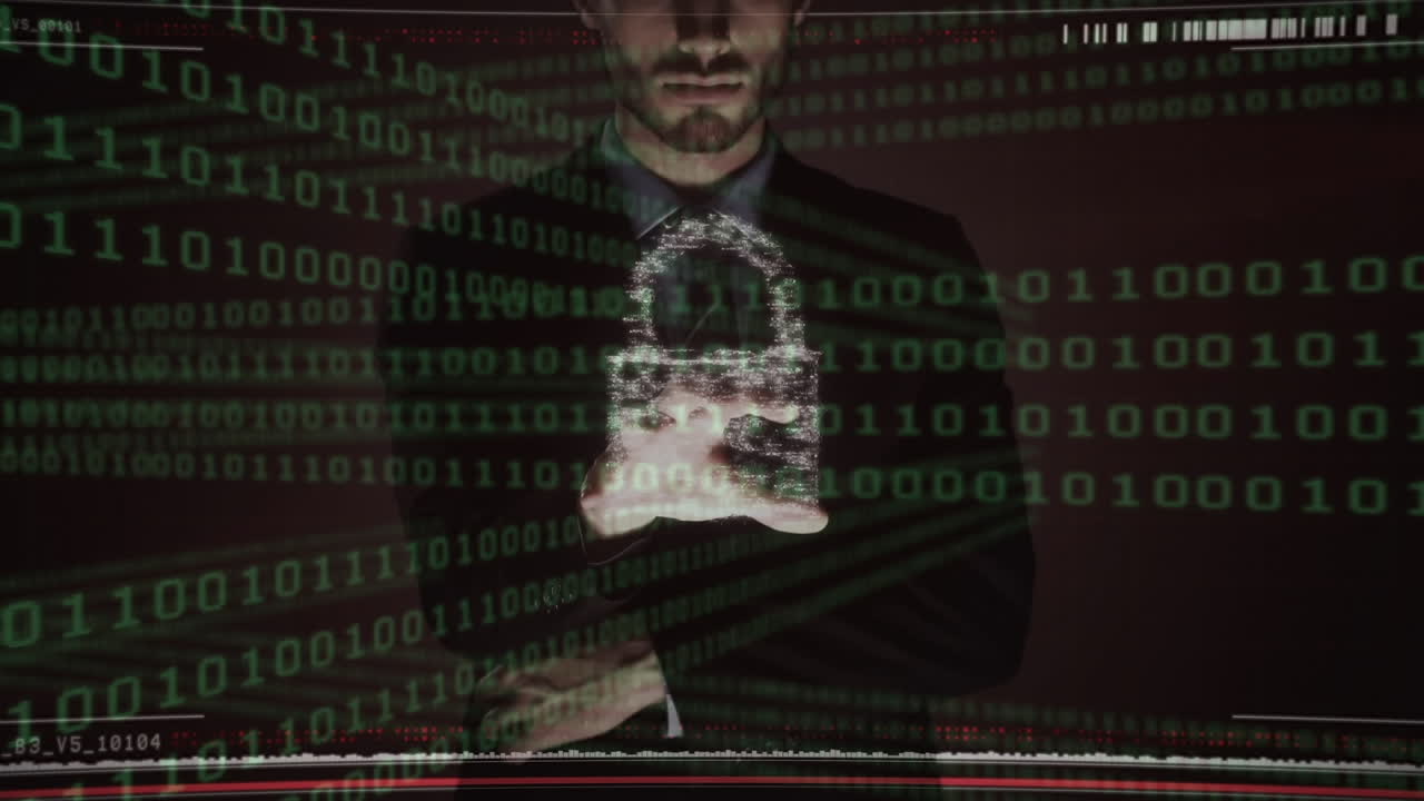 animación de una red de conexiones con un candado de seguridad en línea y un escudo sobre un hombre de negocios