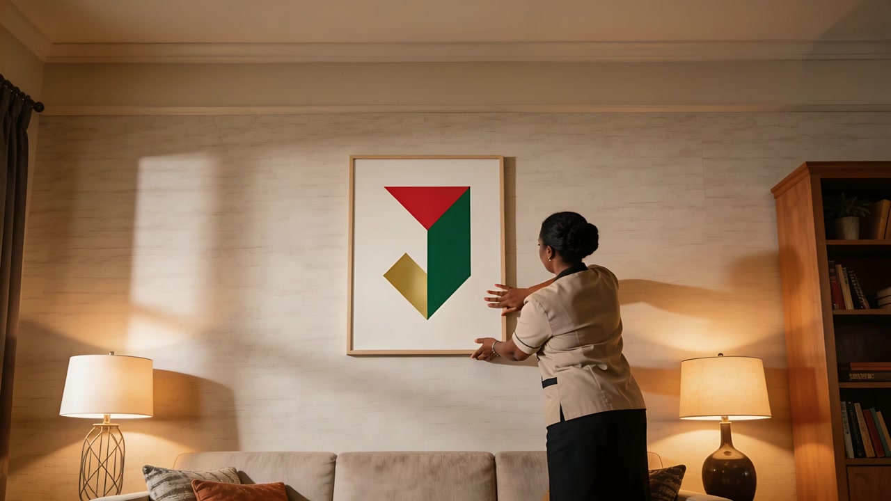 Employé en haut beige redressant et centrant une œuvre d'art abstraite suspendue au-dessus d'un canapé, avec un espace pour le texte.