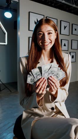 happy woman holding money in studio