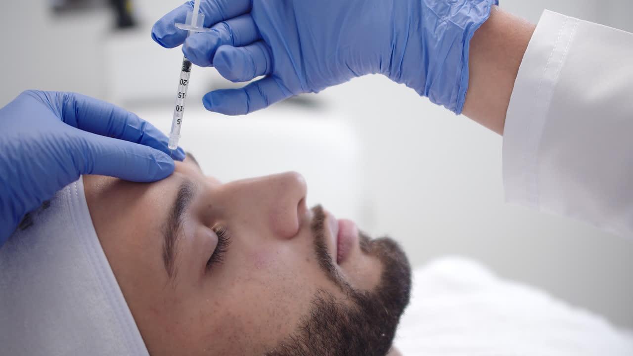 Beautiful slow motion shot of a female doctor's hand in blue gloves injecting botox into the forehead of a young bearded male patient lying on a stretcher.