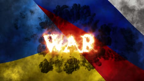 war written in letters on fire above waving burning flags of ukraine and russia with bombs exploding in background