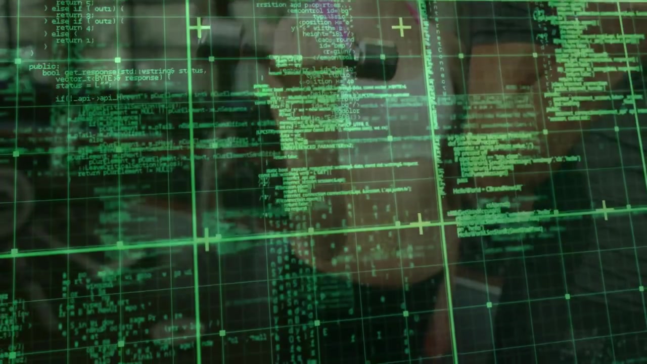 Green Computer Code Scrolling on a Digital Grid Overlay