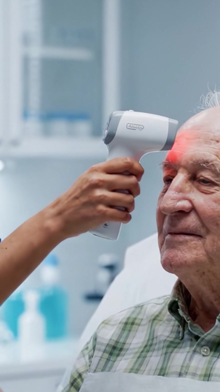 Un uomo anziano che interagisce con un assistente in un contesto medico: un'interazione commovente tra generazioni che evidenzia compassione e assistenza sanitaria.