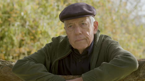 portrait shot of a senior man leaning on tree branch and looking at camera in park on sunny autumn day