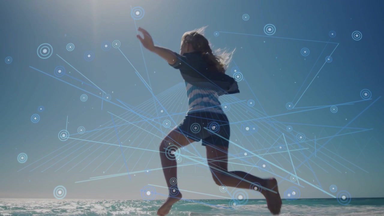 Woman running from right jumping walking into sea seeking horizon, tech nodes overlay crossing her