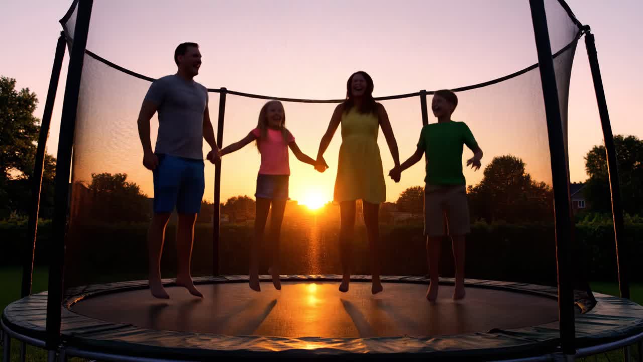 Family Fun on the Trampoline at Sunset