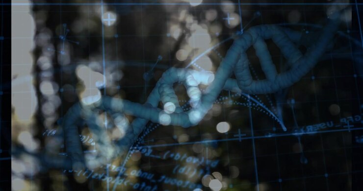 At start blue DNA helix entering center adding data nodes rotating exiting network lines to analyze