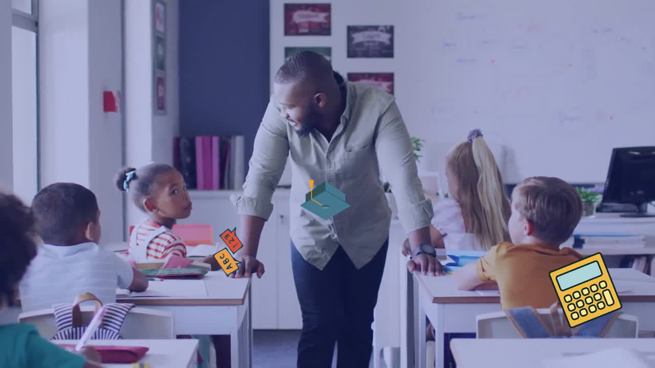 Animation of school icons over diverse schoolchildren and male teacher in classroom