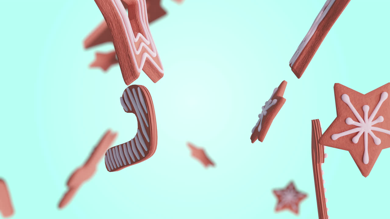 Animation of gingerbread falling at christmas over white background