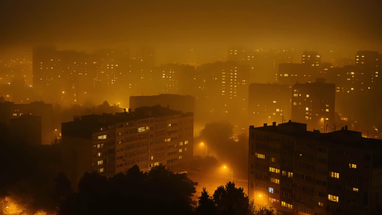 Cityscape in the fog at night