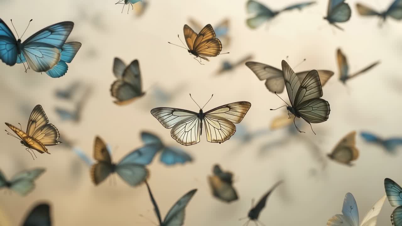 L'obiettivo si sposta rivelando farfalle che svolazzano su uno sfondo beige, mostrando un centro color avorio pallido e ali blu.