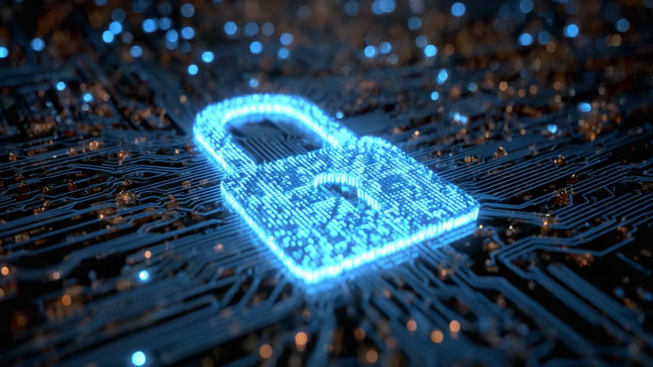 A Captivating Visual Representation of Digital Security Featuring a Blue Lit Lock Symbolizing Protection in a Circuit Board Environment