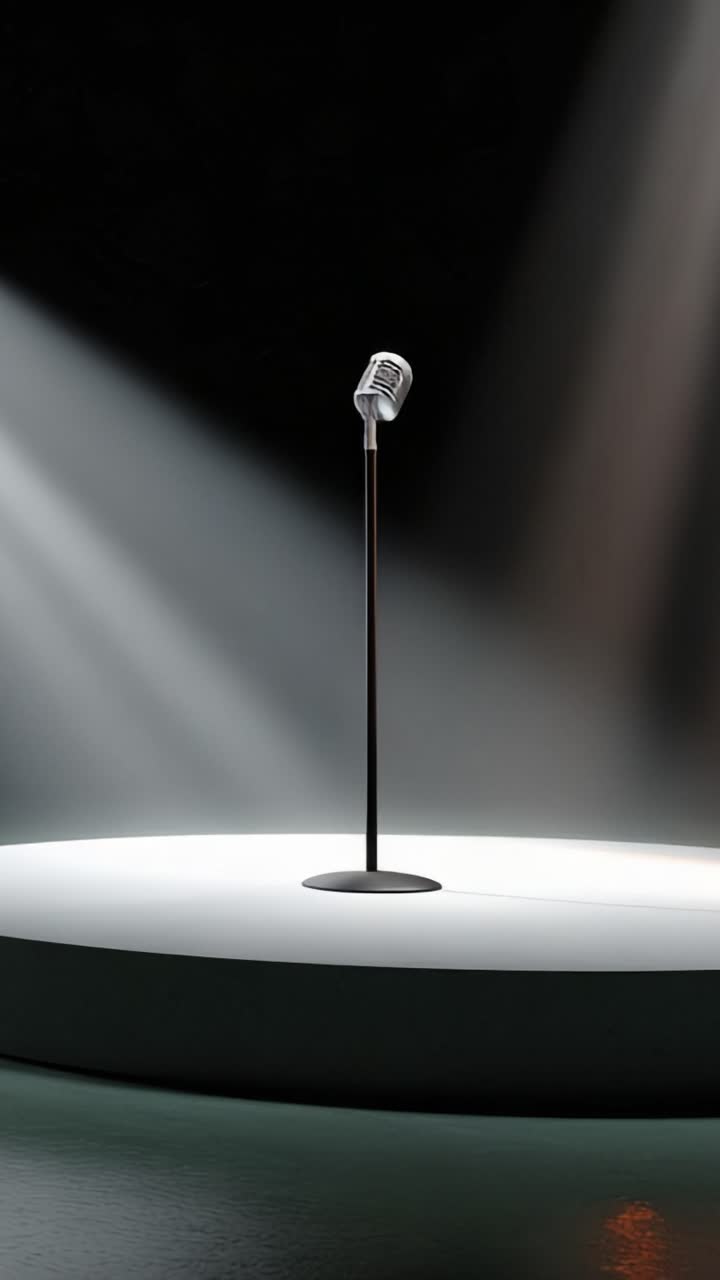 A Classic Microphone on Stage Illuminated by Dramatic Spotlighting, Capturing the Essence of Performance, Music, and Live Entertainment in a Minimalist Setting