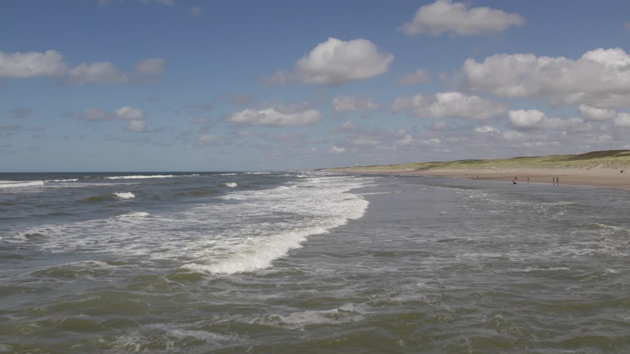 Aerial view, idyllic Dutch beach destination, ocean waves, shoreline