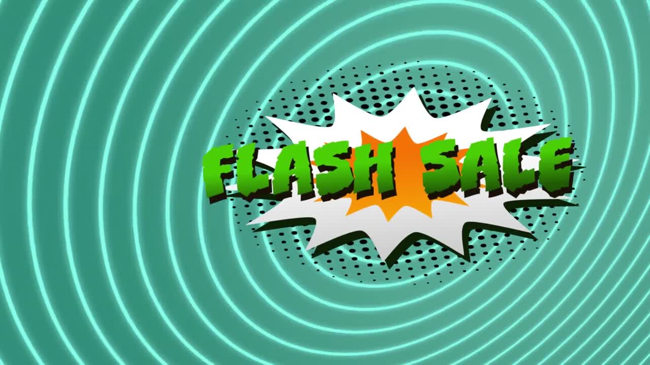 animación de texto de venta flash sobre burbuja de habla retro sobre fondo verde