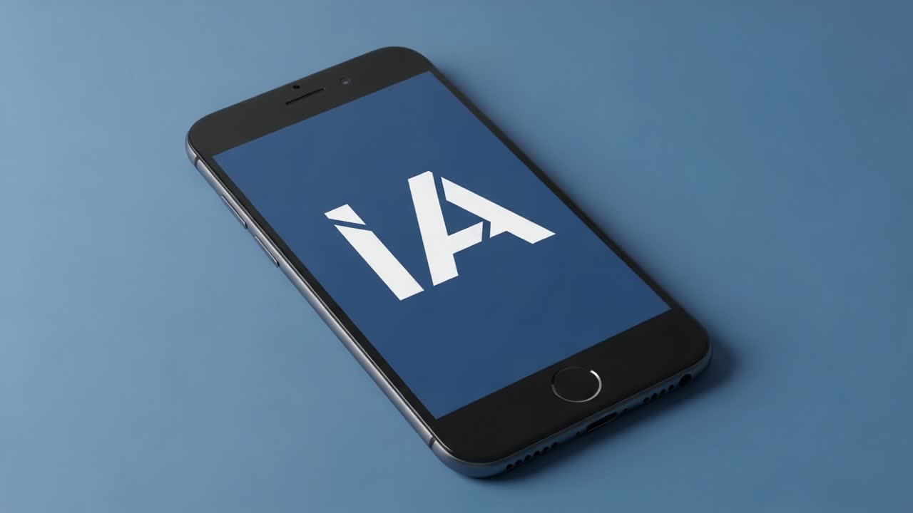 A modern smartphone resting on a sleek blue surface, displaying a prominent logo that symbolizes innovation and technology in the digital age