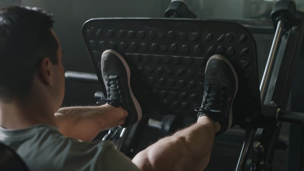 Pushing man in grey tee starting set, extending legs on leg-press machine in gym building strength