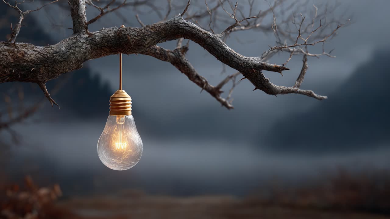 A Glowing Lightbulb Hangs from a Bare Tree Branch in a Mysterious Foggy Landscape, Casting a Warm Glow Against the Dark and Ethereal Backdrop