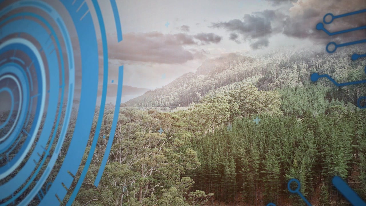 Codice di avvio in scena e anelli blu che pulsano, si spostano, svaniscono mentre mostrano una fusione natura-tecnologia