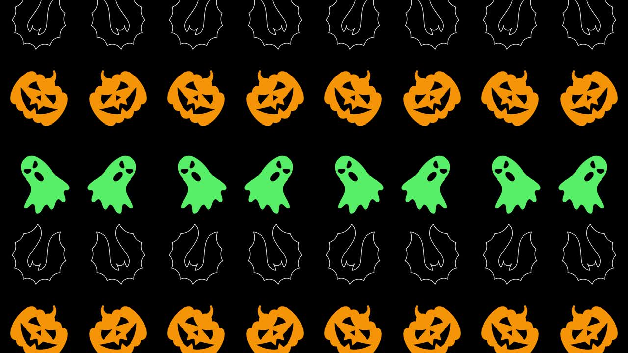 Animated pumpkin heads, ghost and bat silhouettes pattern on a black background. Halloween holiday motion graphic decoration backdrop