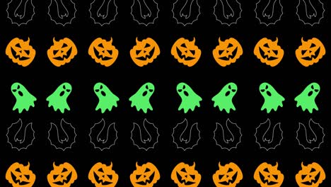 animadas cabezas de calabaza, fantasmas y siluetas de murciélagos patrón en un fondo negro. halloween vacaciones movimiento decoración gráfica telón de fondo