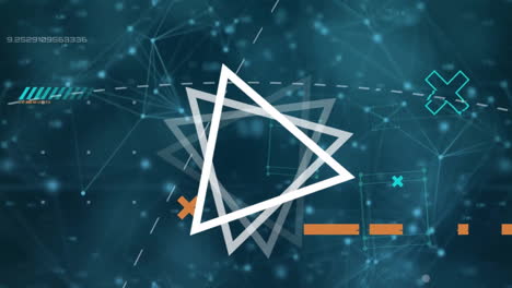 animation of digital icons and moving triangles on blue background