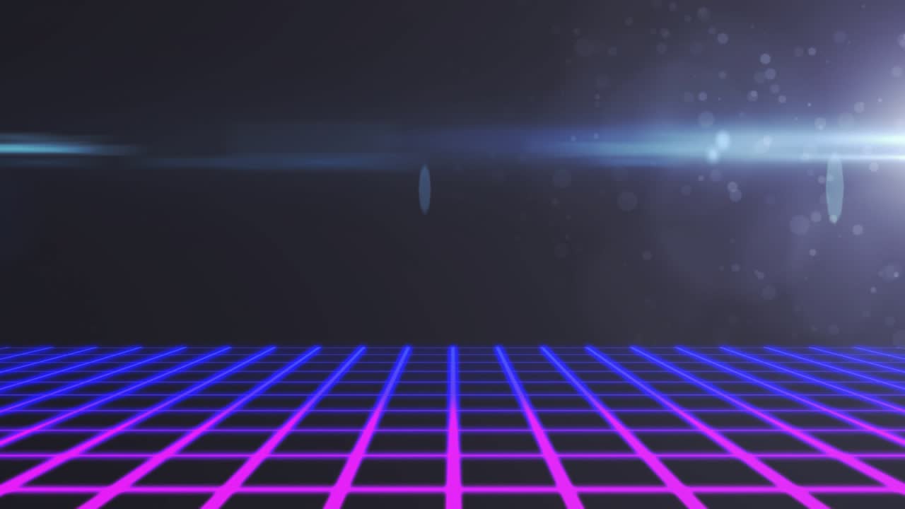 Horizontal lens flare streak appearing on neon grid floor and pulsing lights forming retro ambiance