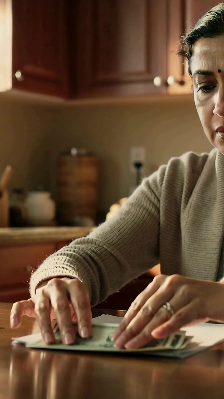Video verticale: Donna indiana che ordina banconote in dollari USA su un tavolo da cucina, con un maglione color cammello, spazio per il testo