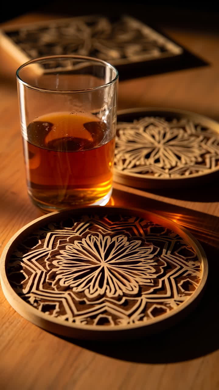 Laser-Cut Wooden Coasters with Mandala Design and a Glass of Beverage