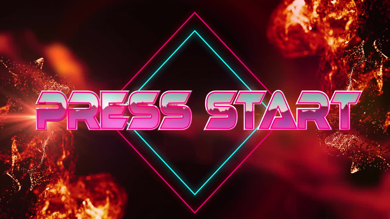 네온 패턴 배경 위에 프레스 시작 텍스트의 애니메이션