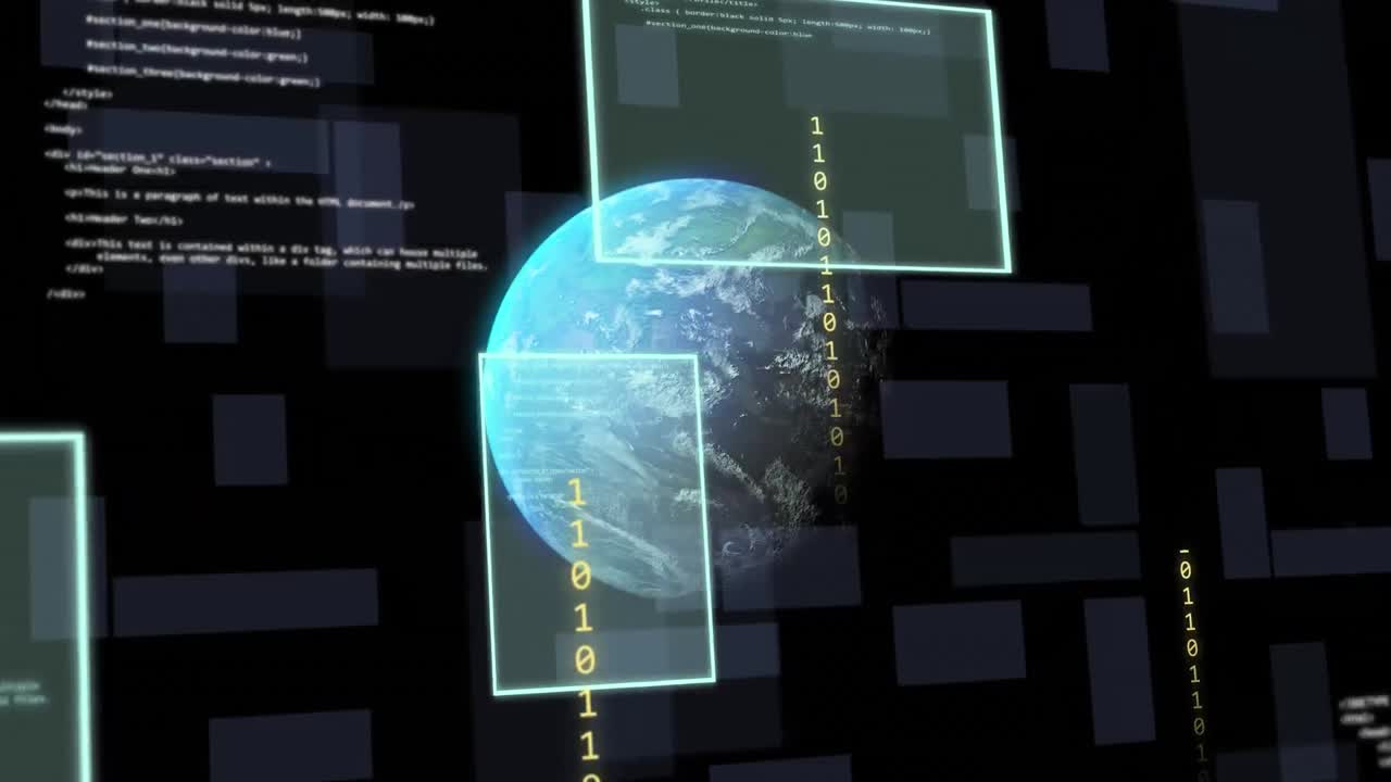 animación de codificación binaria y procesamiento de datos en todo el mundo