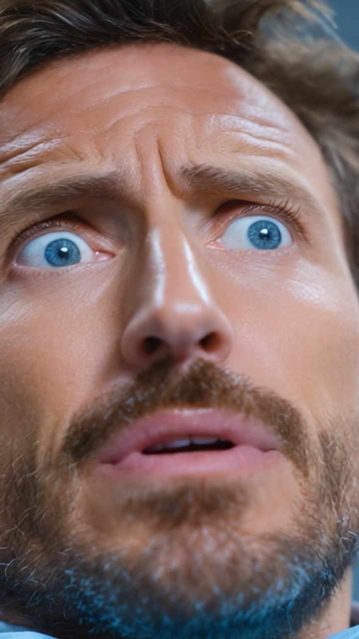 Intense Emotional Response: A Close-Up of a Man's Fearful Expression Captured in a Compelling Cinematic Frame