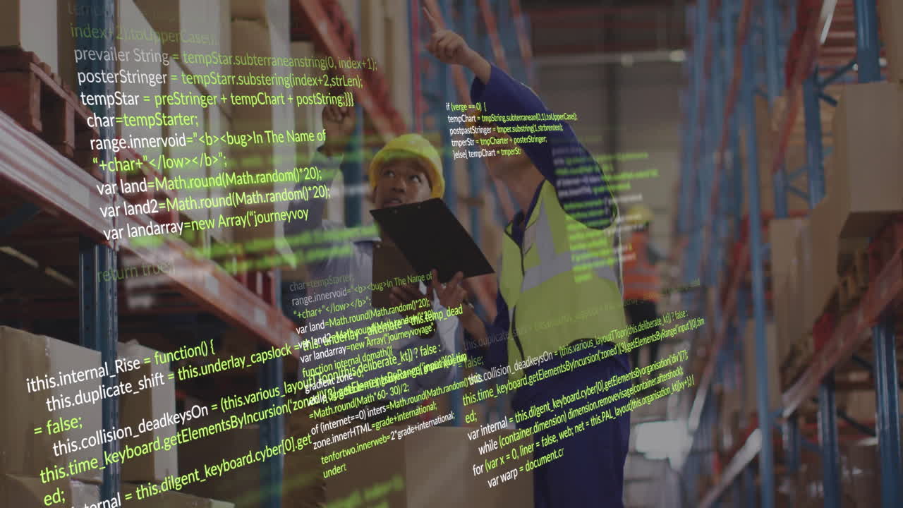 Animation of data processing over diverse male workers in warehouse