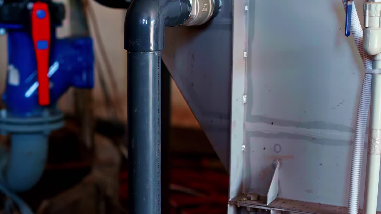 Industrirør og ventiler i teknisk rom, blå rørdeler med røde spakhåndtak, pumpe- og filtersystem, driftsinfrastruktur, opptak av vedlikehold, panorering mot høyre