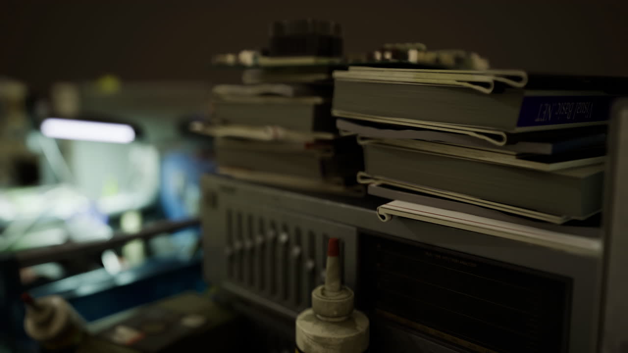 Papers and tools clutter a dimly lit workspace on a late evening