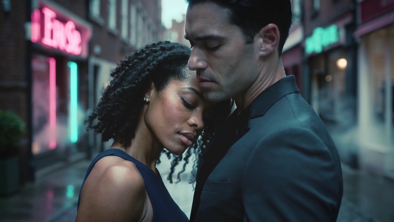 Leaning couple wearing navy dress and dark suit responding to neon glow on wet cobblestones
