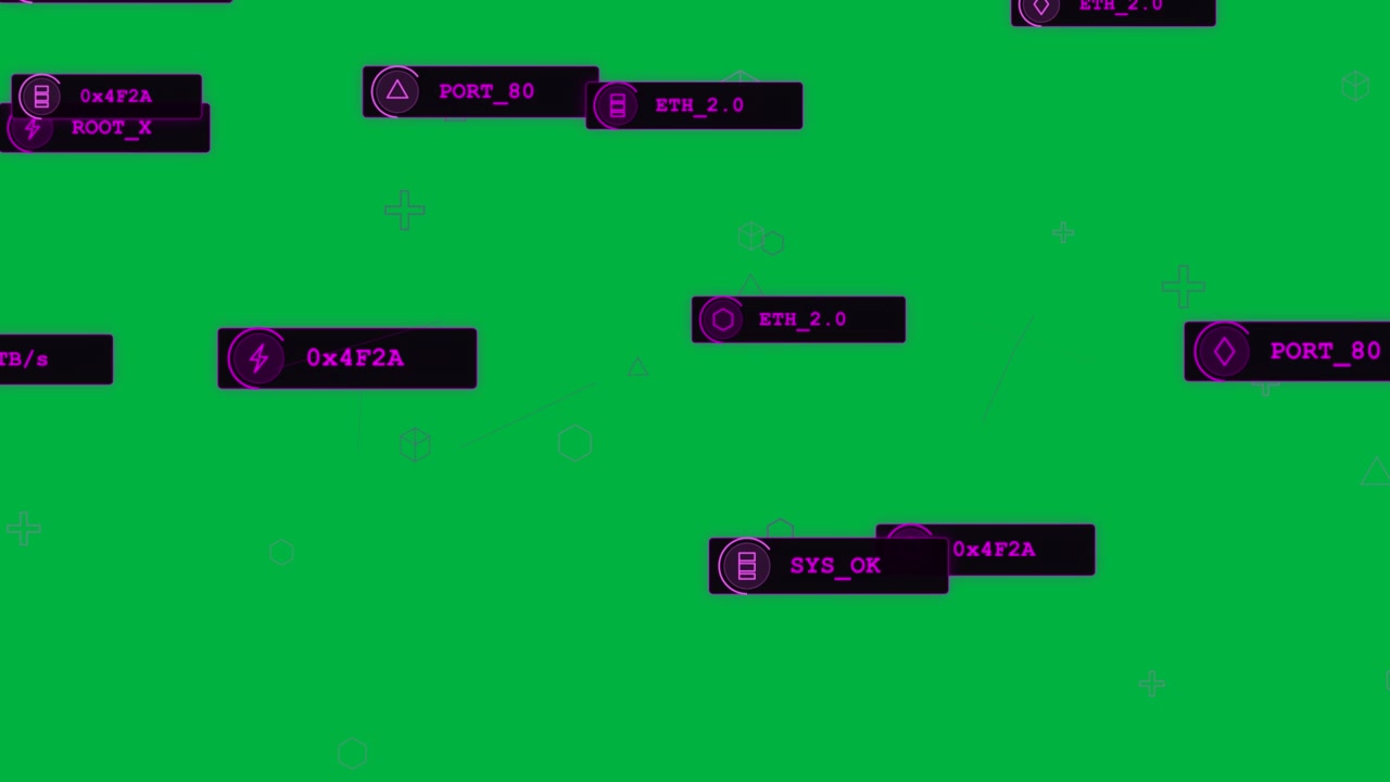 Neon HUD appearing on start, tags drifting and pulsing, showing network load on transparent canvas