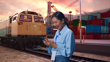 side view of asian female with her smartphone with freight cargo train at port, checking on her smartphone with meditation