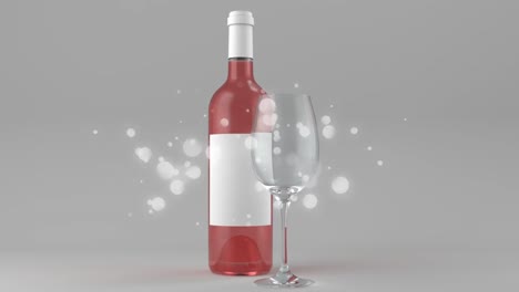 Animation-of-white-dots-over-bottle-of-rose-wine-on-grey-background