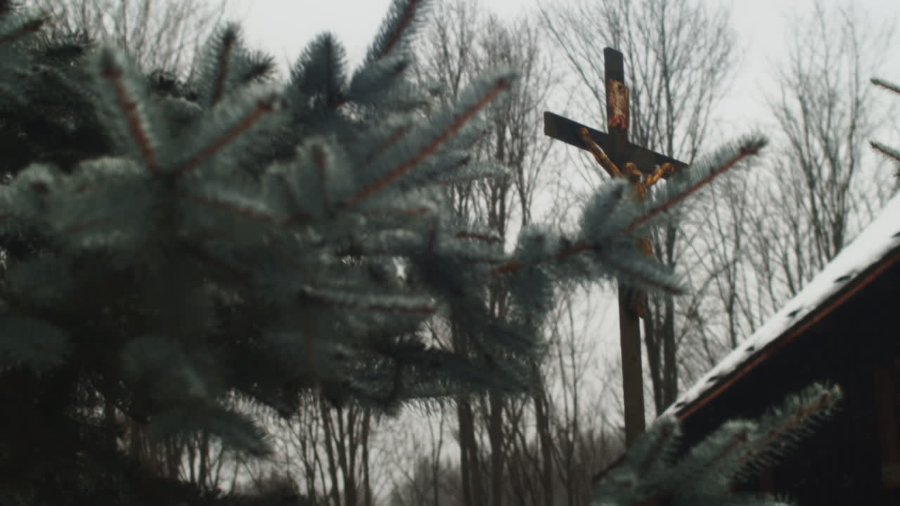 눈 오는 날 유럽 교회 밖에 있는 전나무를 통해 십자가 동상