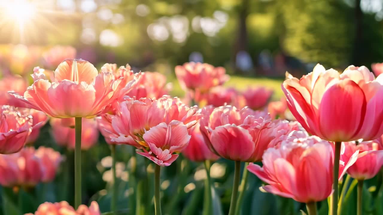 A serene video scene of pink tulips in a sunlit garden, captured from a low angle