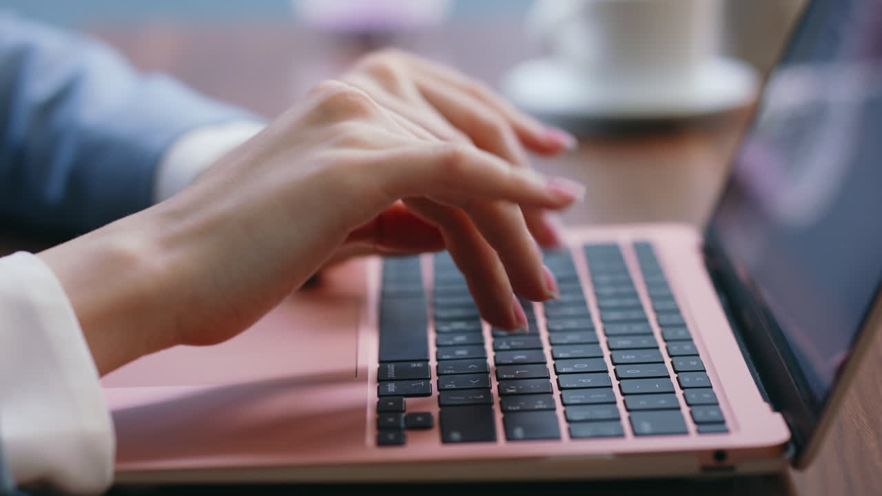 Businesswoman hands pressing laptop keyboard at office close up. Woman typing