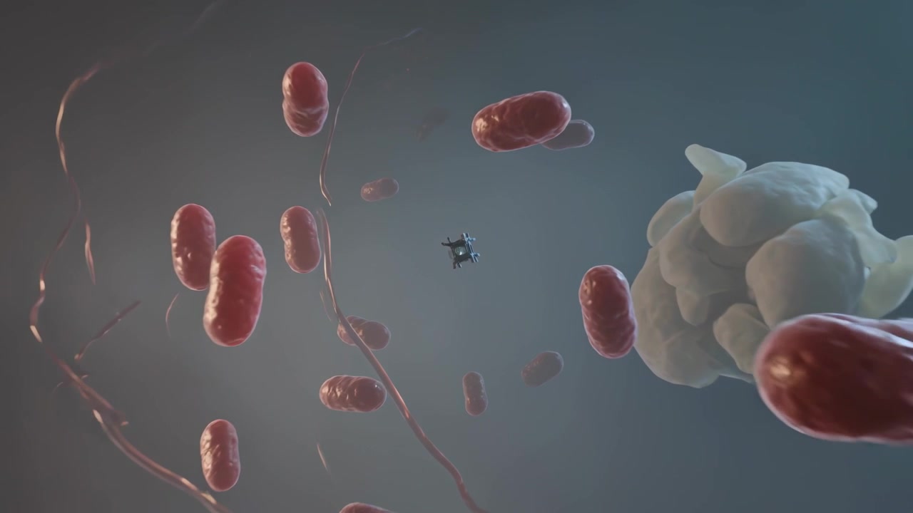Nucleo pulsante che spinge un nanobot cubico attraverso una vena, superando globuli rossi e fibrille verso un ammasso pallido.