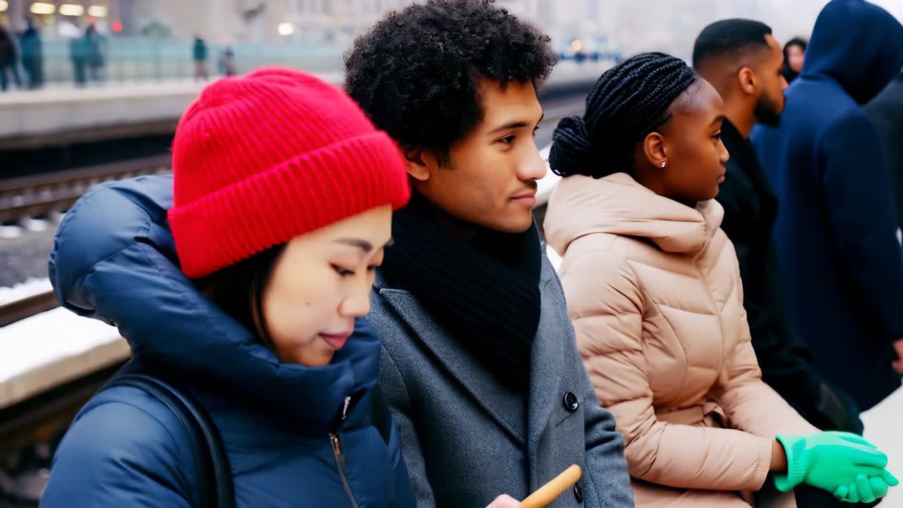 Diverse group of commuters standing on a crowded metro platform, waiting for the train.
