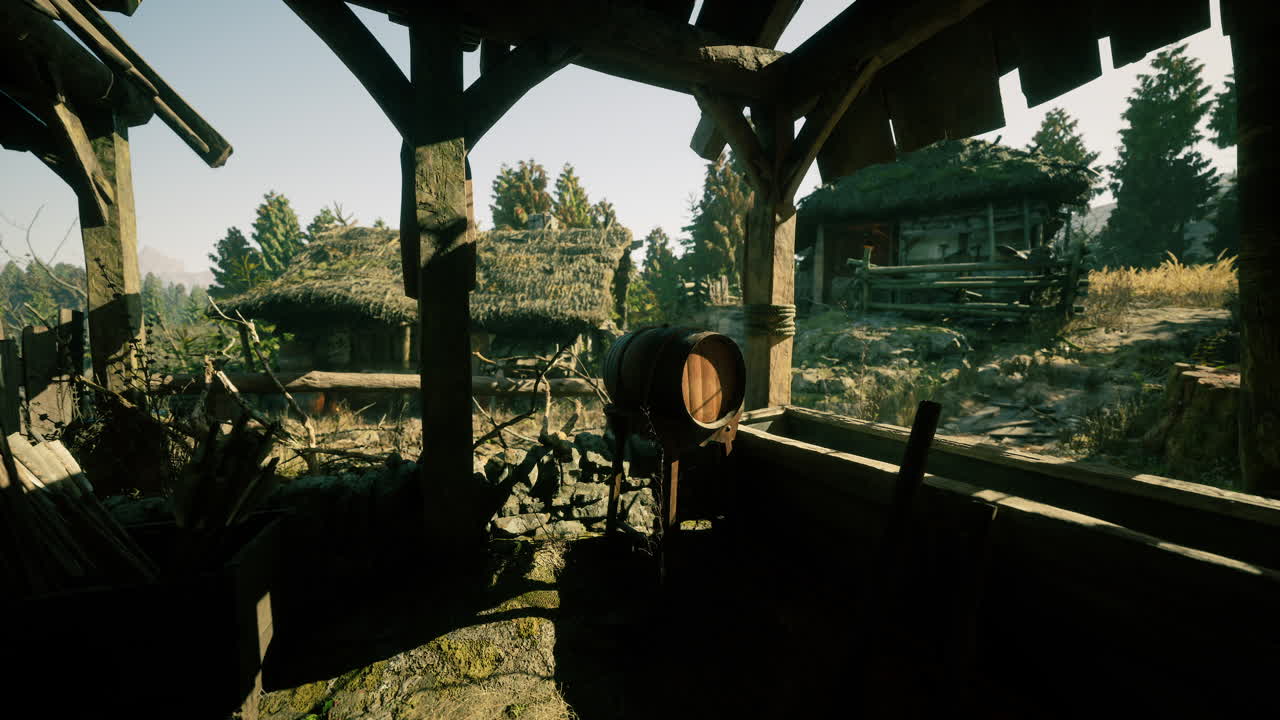 조용한 풍경을 내려다보는 배럴을 가진 시골 목조 구조물